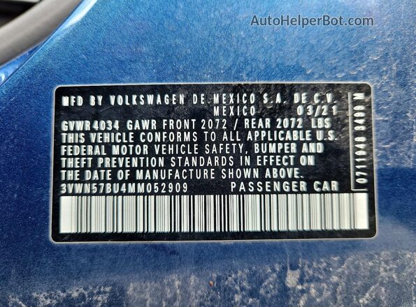 3VWN57BU4MM052909 2021 VOLKSWAGEN JETTA Blue Vista del compartimento del motor