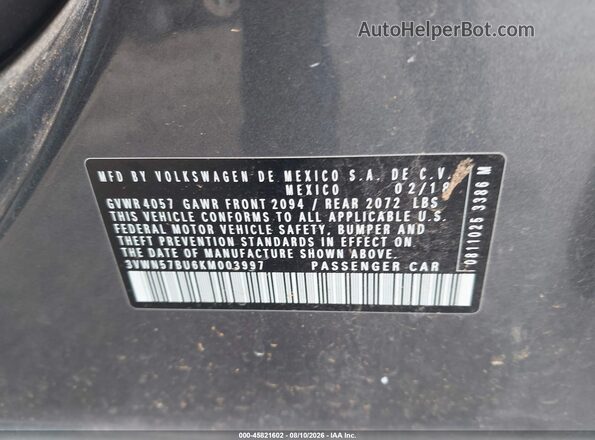 3VWN57BU6KM003997 2019 VOLKSWAGEN JETTA Серый Вид подкапотного пространства