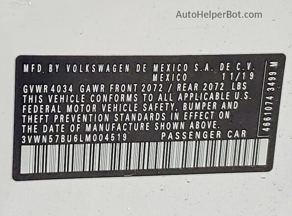 3VWN57BU6LM004519 2020 VOLKSWAGEN JETTA White Вид наклейки з VIN-кодом