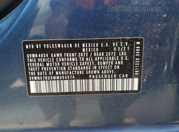 3VWN57BU9MM054574 2021 VOLKSWAGEN JETTA Blue ძრავის განყოფილების ხედი