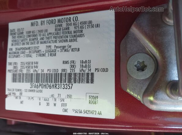 3fa6p0hd6hr313357 2017 FORD FUSION Red Widok komory silnika