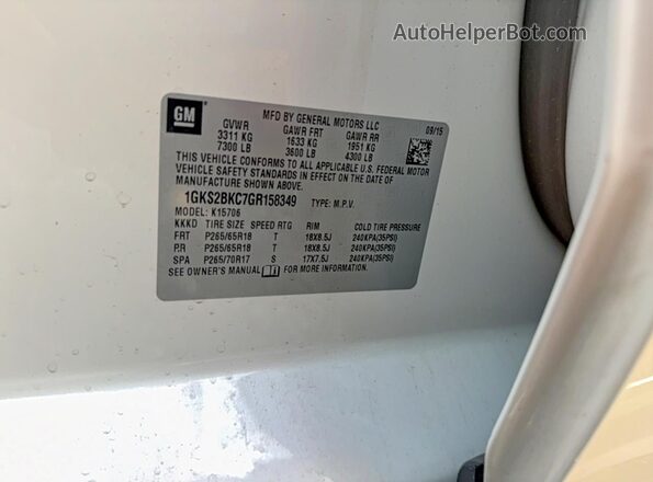 1GKS2BKC7GR158349 2016 GMC YUKON White Սալոնի հետևի տեսք