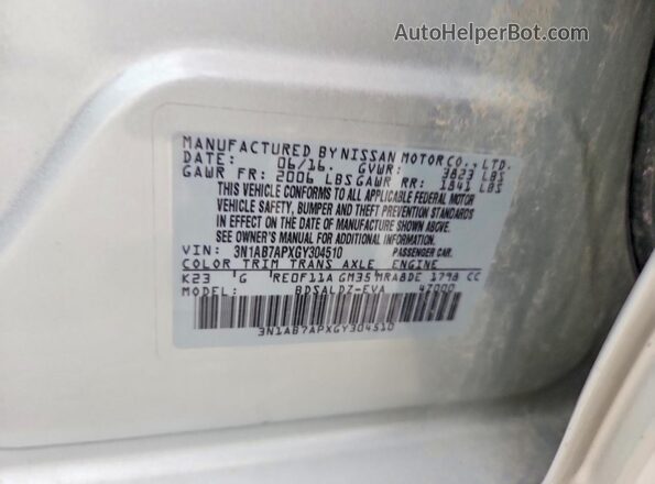 3N1AB7APXGY304510 2016 NISSAN SENTRA Silver VIN կոդի պիտակի տեսք