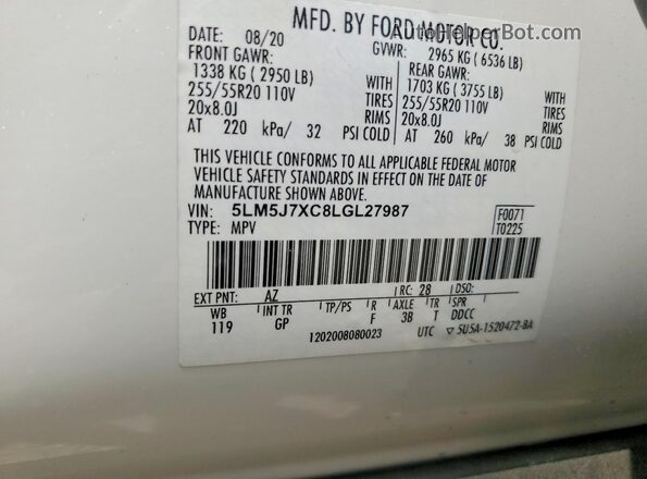 5LM5J7XC8LGL27987 2020 LINCOLN AVIATOR White Widok naklejki z numerem VIN