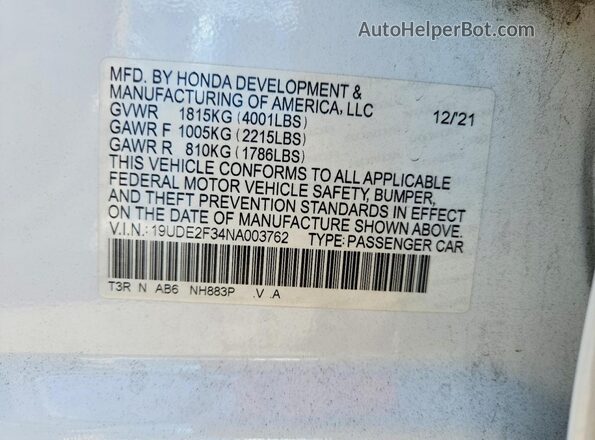 19UDE2F34NA003762 2022 ACURA ILX White Vista de la etiqueta del VIN