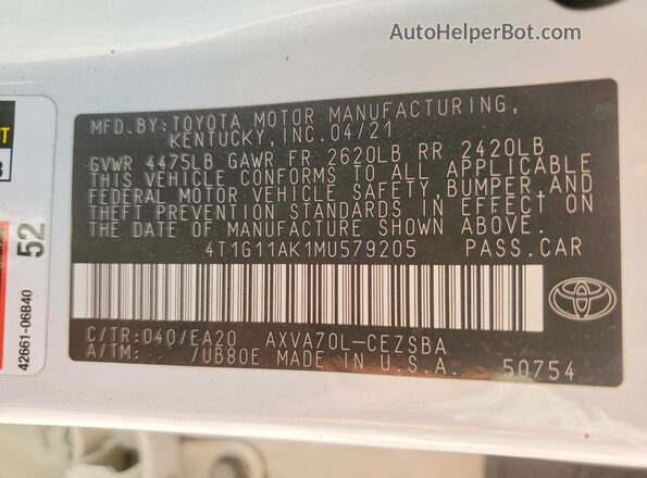 4T1G11AK1MU579205 2021 TOYOTA CAMRY Белый Вид наклейки с VIN-кодом