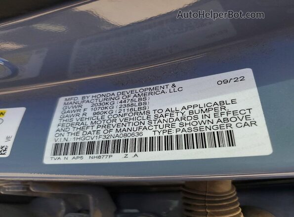 1HGCV1F32NA080636 2022 HONDA ACCORD Gray VIN კოდის სტიკერის ხედი