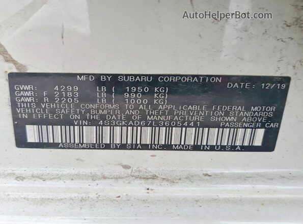 4S3GKAD67L3605441 2020 SUBARU IMPREZA White Вид наклейки з VIN-кодом