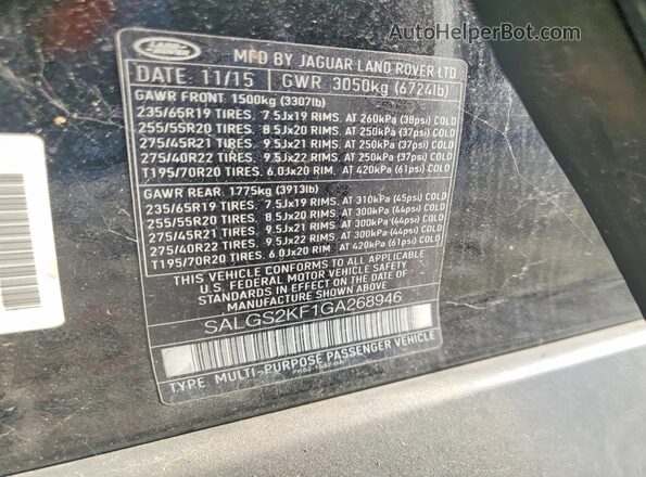 SALGS2KF1GA268946 2016 LAND ROVER RANGE ROVER Black VIN կոդի պիտակի տեսք