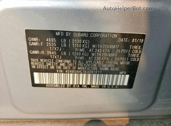 4S4BSAHC1K3291211 2019 SUBARU OUTBACK Серебряный 