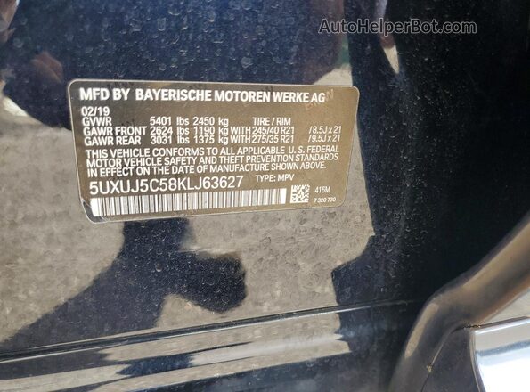 5UXUJ5C58KLJ63627 2019 BMW X4 Charcoal Vista interior de 360 grados