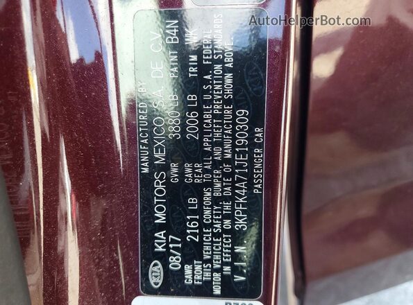 3KPFK4A71JE190309 2018 KIA FORTE Burgundy VIN კოდის სტიკერის ხედი