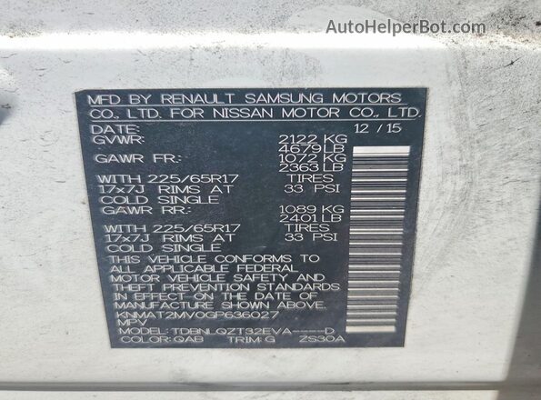 KNMAT2MV0GP636027 2016 NISSAN ROGUE White Widok wnętrza 360 stopni