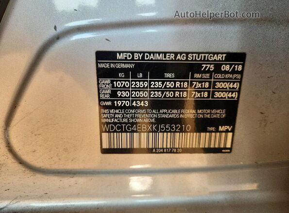 WDCTG4EBXKJ553210 2019 MERCEDES-BENZ GLA-CLASS Silver Widok wnętrza 360 stopni