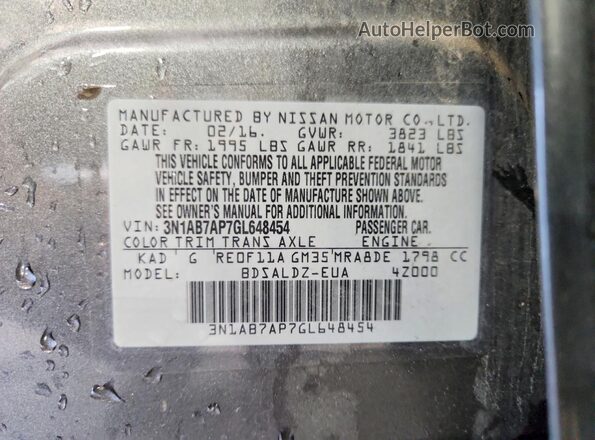 3N1AB7AP7GL648454 2016 NISSAN SENTRA Silver VIN sticker view