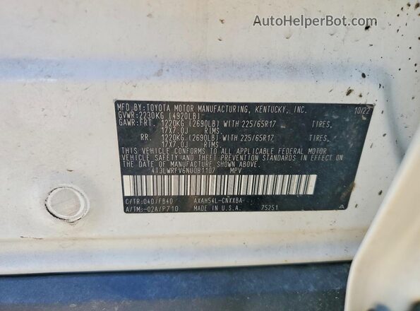 4T3LWRFV6NU081107 2022 TOYOTA RAV4 White სალონის 360-გრადუსიანი ხედი