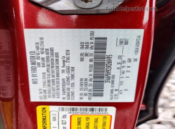 3FA6P0H92JR260495 2018 FORD FUSION Бордовый Вид наклейки с VIN-кодом