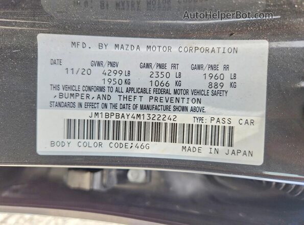 JM1BPBAY4M1322242 2021 MAZDA 3 Gray VIN კოდის სტიკერის ხედი