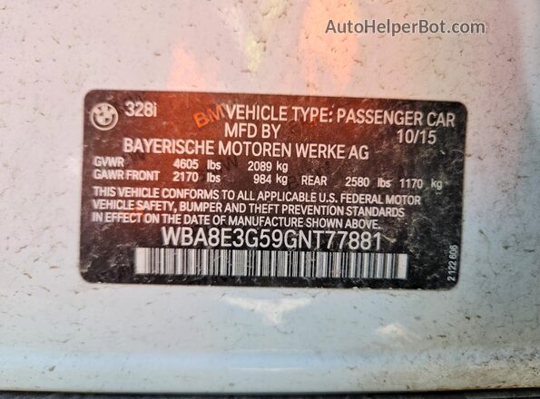 WBA8E3G59GNT77881 2016 BMW 3 SERIES White VIN կոդի պիտակի տեսք
