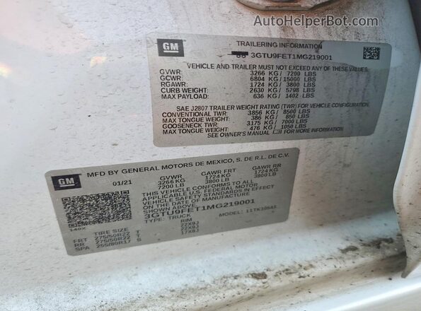 3GTU9FET1MG219001 2021 GMC SIERRA White VIN կոդի պիտակի տեսք