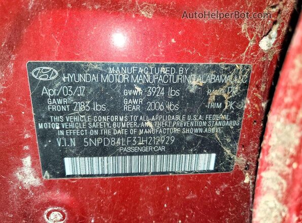 5NPD84LF3JH212929 2018 HYUNDAI ELANTRA Красный Вид наклейки с VIN-кодом