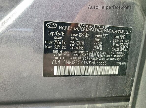 5NMS3CAD7KH035835 2019 HYUNDAI SANTA FE Gray Սալոնի 360 աստիճան տեսք