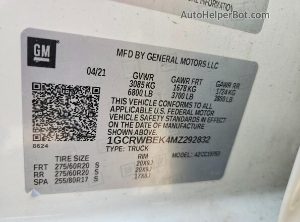 1GCRWBEK4MZ292832 2021 CHEVROLET SILVERADO White VIN կոդի պիտակի տեսք