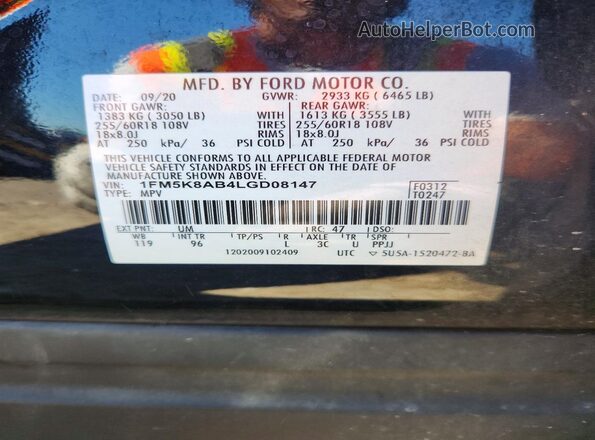 1FM5K8AB4LGD08147 2020 FORD EXPLORER Black Панорамний вид салону 360°
