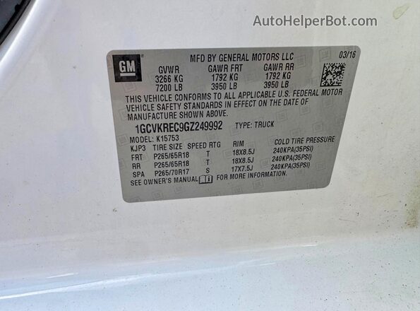 1GCVKREC9GZ249992 2016 CHEVROLET SILVERADO White Սալոնի 360 աստիճան տեսք