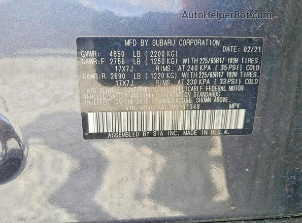 4S4BTAAC7M3191348 2021 SUBARU OUTBACK Gray Widok wnętrza 360 stopni