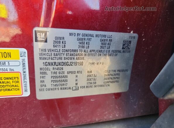 1GNKRJKD6GJ219190 2016 CHEVROLET TRAVERSE Red 360 interior view