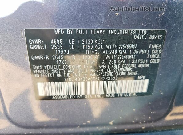 4S4BSACC5G3233522 2016 SUBARU OUTBACK Синий Панорамный вид салона 360°