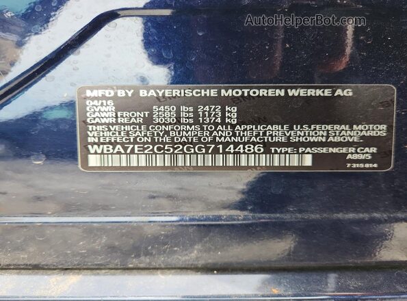 WBA7E2C52GG714486 2016 BMW 7 SERIES Blue VIN sticker view
