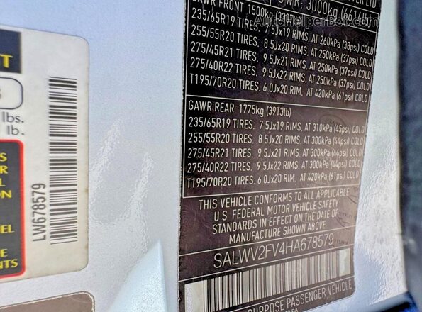 SALWV2FV4HA678579 2017 LAND ROVER RANGE ROVER White 