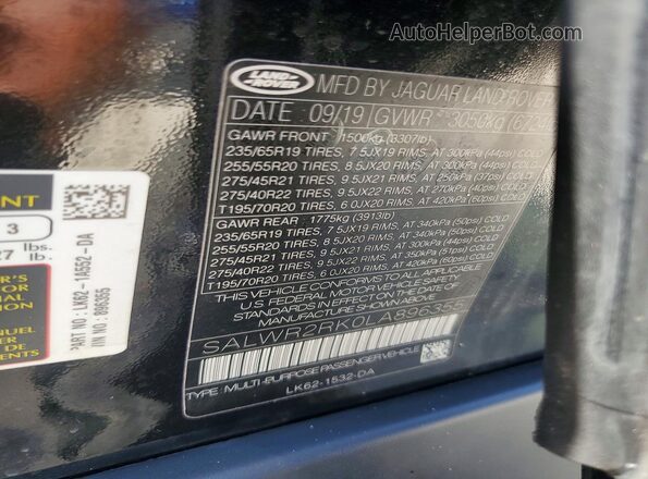 SALWR2RK0LA896355 2020 LAND ROVER RANGE Black Vista interior de 360 grados
