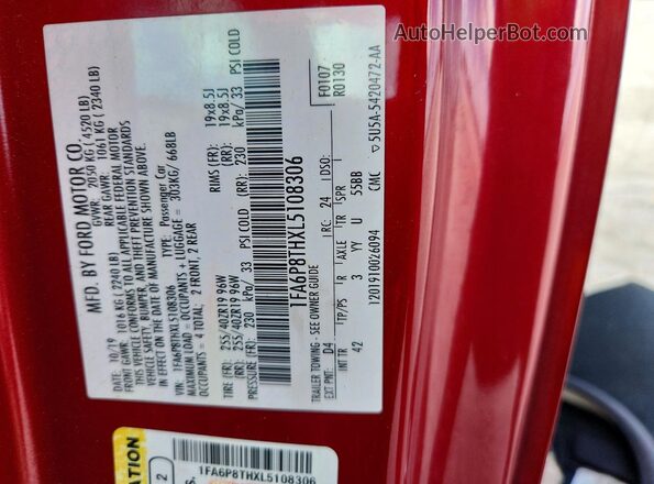 1FA6P8THXL5108306 2020 FORD MUSTANG Red Vista de la etiqueta del VIN