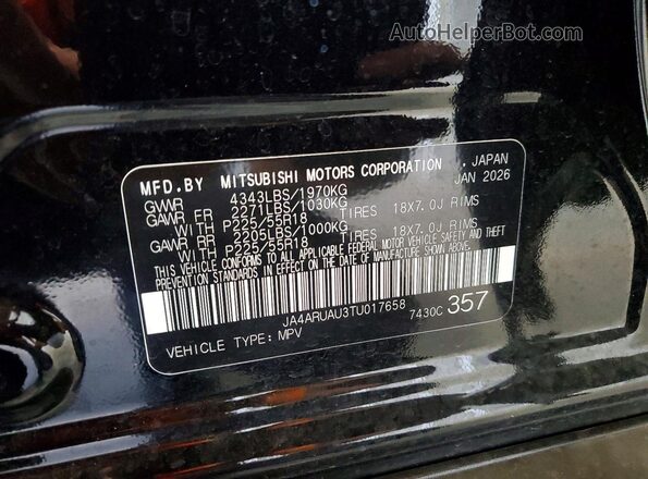 JA4ARUAU3TU017658 2026 MITSUBISHI OUTLANDER Черный Панорамный вид салона 360°