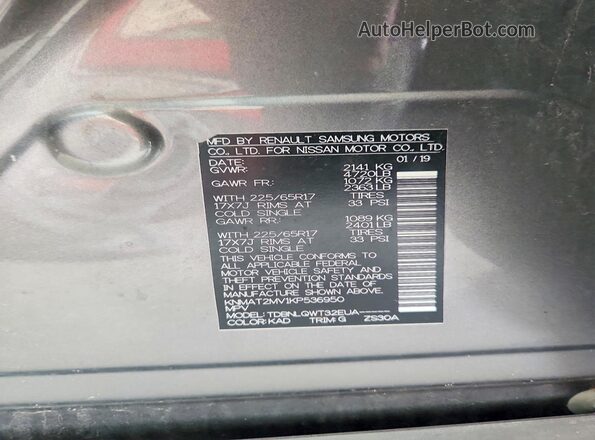 KNMAT2MV1KP536950 2019 NISSAN ROGUE Gray 