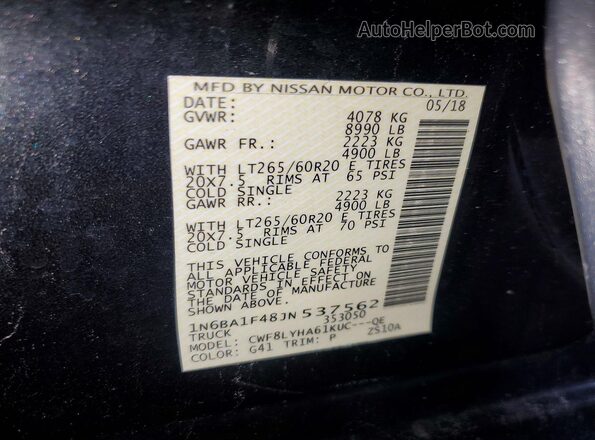 1N6BA1F48JN537562 2018 NISSAN TITAN Черный Вид наклейки с VIN-кодом