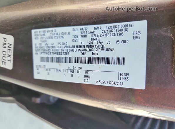 1FT7W2BT9NEE21287 2022 FORD F250 Серый Вид наклейки с VIN-кодом