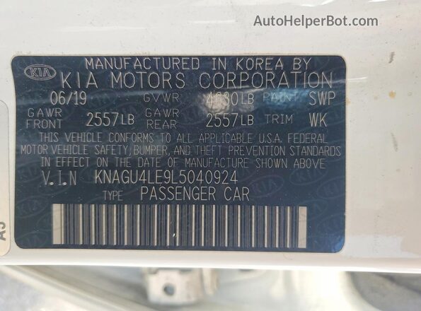KNAGU4LE9L5040924 2020 KIA OPTIMA White VIN կոդի պիտակի տեսք
