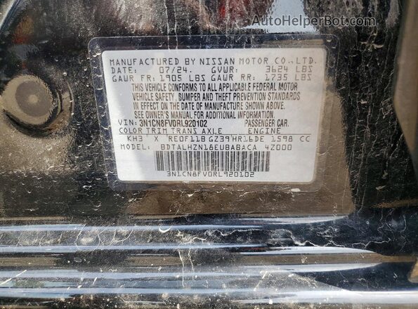 3N1CN8FV0RL920102 2024 NISSAN VERSA Черный Вид наклейки с VIN-кодом