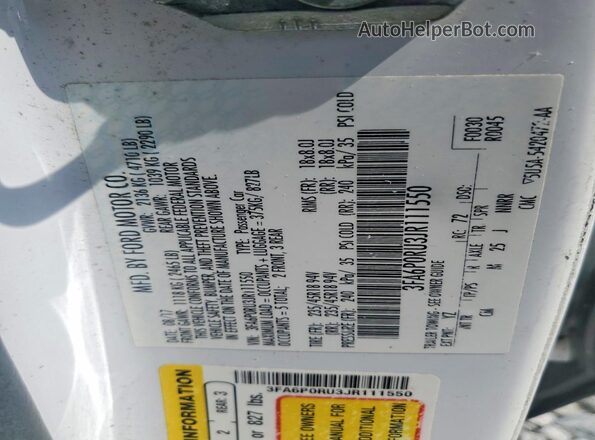 3FA6P0RU3JR111550 2018 FORD FUSION White Vista de la etiqueta del VIN