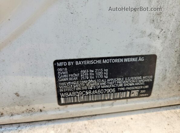 WBA8D9C58JA607906 2018 BMW 3 SERIES White Вид наклейки з VIN-кодом