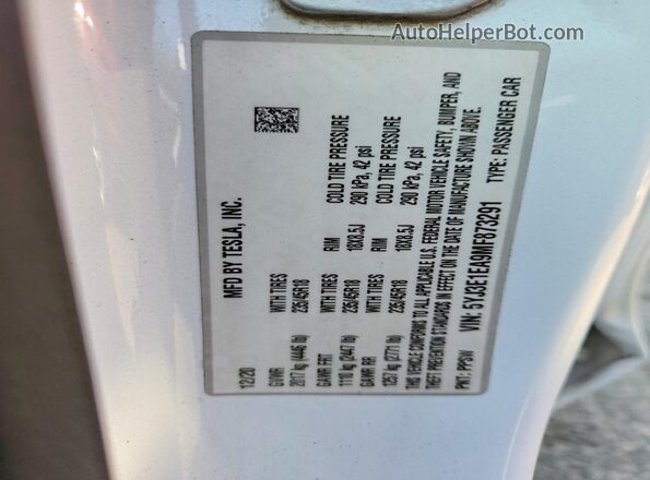 5YJ3E1EA9MF873291 2021 TESLA MODEL White VIN sticker view