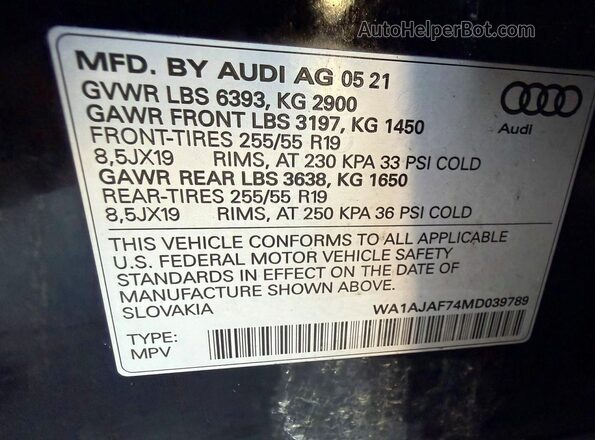 WA1AJAF74MD039789 2021 AUDI Q7 Black Вид наклейки з VIN-кодом