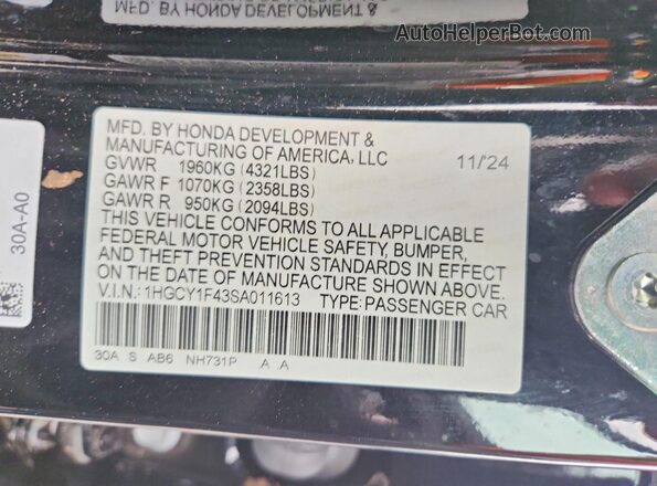 1HGCY1F43SA011613 2025 HONDA ACCORD Black Widok naklejki z numerem VIN