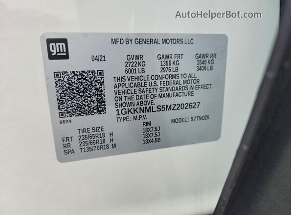 1GKKNMLS5MZ202627 2021 GMC ACADIA White Widok wnętrza 360 stopni
