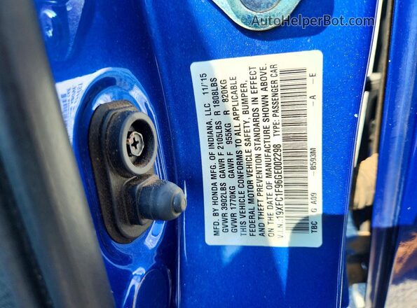 19XFC1F96GE002298 2016 HONDA CIVIC Blue VIN კოდის სტიკერის ხედი