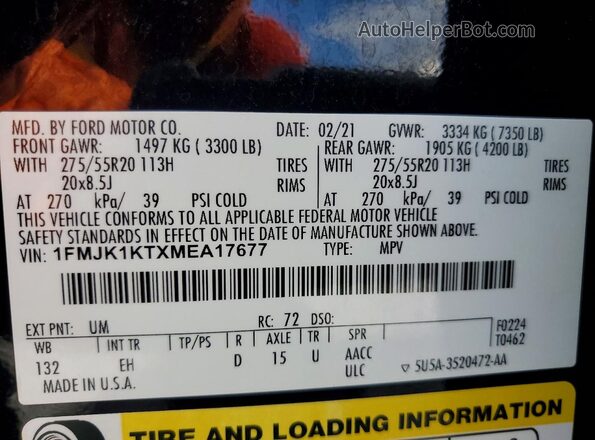 1FMJK1KTXMEA17677 2021 FORD EXPEDITION Black Widok wnętrza 360 stopni